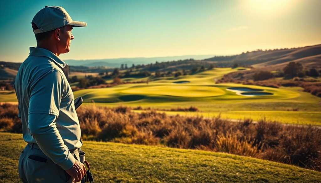 A vibrant golf course scene capturing the essence of risk-reward decision making on a par 5 hole. In the foreground, a focused golfer in professional attire stands poised near their golf bag, contemplating their next shot towards the green. The middle ground features a scenic view of the golf hole, with a winding fairway leading to a well-guarded green surrounded by strategically placed bunkers and water hazards. In the background, rolling hills and bright blue skies create a picturesque backdrop, illuminated by soft, warm sunlight. The image should evoke a sense of tension and excitement as the golfer evaluates their approach, set at an angle that highlights both the golfer's expression and the challenging course layout.