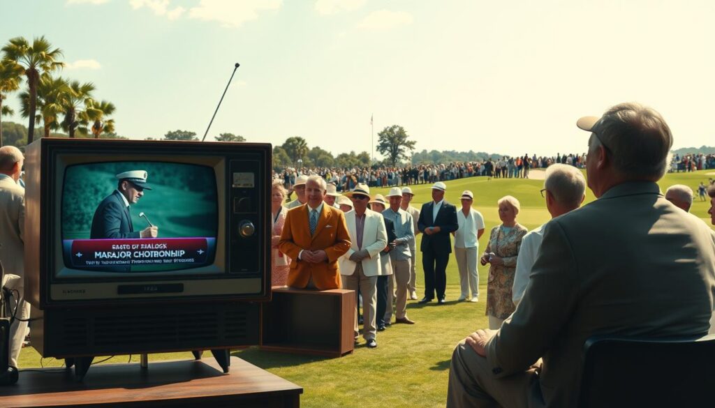 A vintage golf broadcasting scene capturing the evolution of tournament coverage. In the foreground, a classic television set displays a famous major championship moment, complete with retro graphics and a nostalgic feel. The middle ground features a diverse group of spectators, men and women in professional attire, intently watching the broadcast in a lush golf course setting. In the background, iconic golf holes are visible, showcasing their unique designs under a bright, sunny sky. The lighting highlights the excitement of the crowd, with soft shadows adding depth. The image conveys a mood of anticipation and celebration, emphasizing the significant role of television in golf history. Use a slightly wide-angle lens to capture the entire scene in a vibrant, engaging manner.