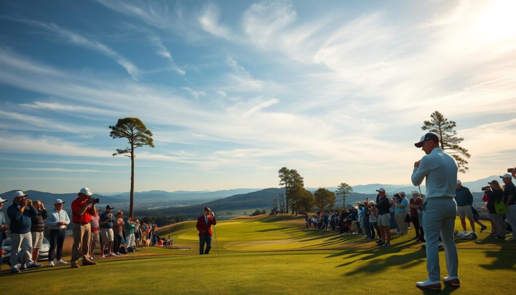 A breathtaking golf course during a prestigious tournament event, showcasing a variety of players in professional attire, focusing intently on their swings. In the foreground, a golfer prepares to putt on a meticulously manicured green, with a look of concentration and determination. In the middle ground, enthusiastic spectators in smart casual clothing cheer and capture moments with their cameras, as iconic tournament banners flutter in the gentle breeze. The background features a stunning landscape of rolling hills and tall, majestic trees under a vibrant blue sky, with soft, golden afternoon light illuminating the scene. The atmosphere is charged with excitement and nostalgia, encapsulating the emotion of moments worth reliving, emphasizing the intensity and joy of tournament play.