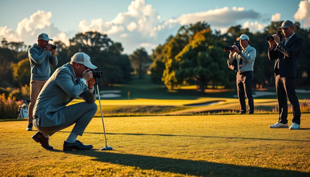 A dynamic golf photography scene showcasing several professional-looking golfers, dressed in business casual attire, as they capture stunning views of a championship golf course. In the foreground, a golfer kneels beside the flagstick, adjusting the camera lens to focus on the picturesque hole. The middle ground features manicured greens dotted with vibrant wildflowers and strategically placed sand traps, while in the background, majestic trees frame a brilliant blue sky with fluffy white clouds. The golden hour sunlight casts a warm glow over the scene, highlighting the textures of the grass and the elegance of the course design. The mood is both focused and celebratory, embodying the passion of amateur photographers sharing their love for golf. A dynamic golf photography scene showcasing several professional-looking golfers, dressed in business casual attire, as they capture stunning views of a championship golf course. In the foreground, a golfer kneels beside the flagstick, adjusting the camera lens to focus on the picturesque hole. The middle ground features manicured greens dotted with vibrant wildflowers and strategically placed sand traps, while in the background, majestic trees frame a brilliant blue sky with fluffy white clouds. The golden hour sunlight casts a warm glow over the scene, highlighting the textures of the grass and the elegance of the course design. The mood is both focused and celebratory, embodying the passion of amateur photographers sharing their love for golf.