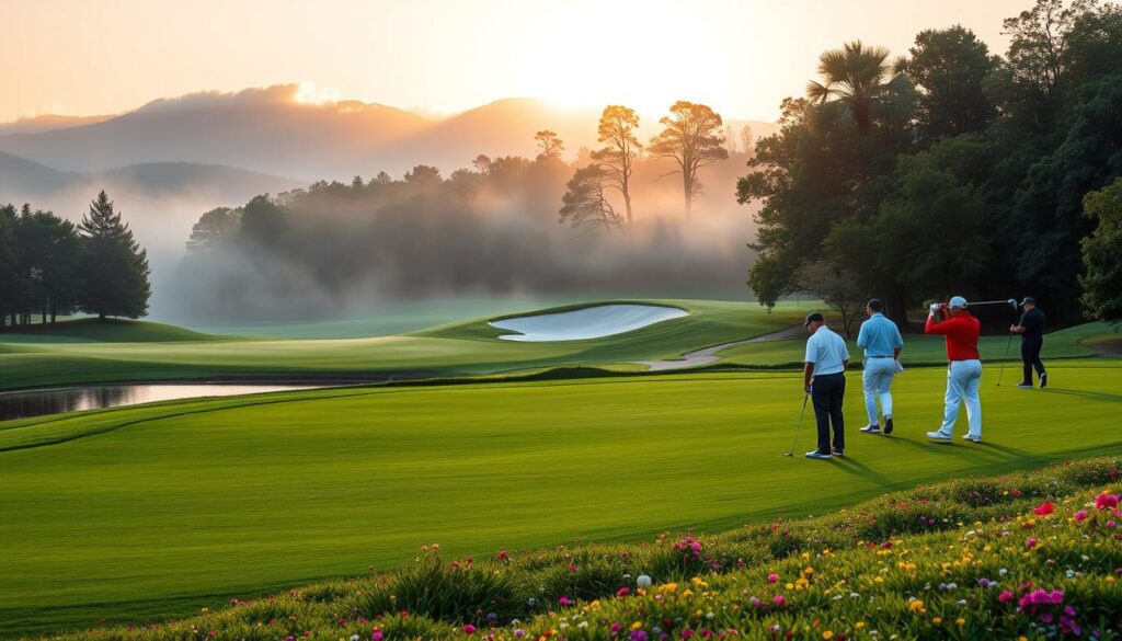 A panoramic view of a stunning golf hole at sunrise, showcasing a meticulously manicured green surrounded by vibrant wildflowers and a glistening water hazard. In the foreground, a well-maintained fairway gently slopes toward the tee with soft rolling hills. Golfers in professional attire, focused and poised, prepare to take their shots, embodying the spirit of avid golfers. In the middle ground, a picturesque sand bunker nestled against lush trees creates a natural frame. In the background, golden rays of sunlight break through ethereal mist, highlighting the beauty of the landscape. The scene exudes a serene, inviting atmosphere, emphasizing the joy of golfing in a premier setting, captured with a wide-angle lens for depth.