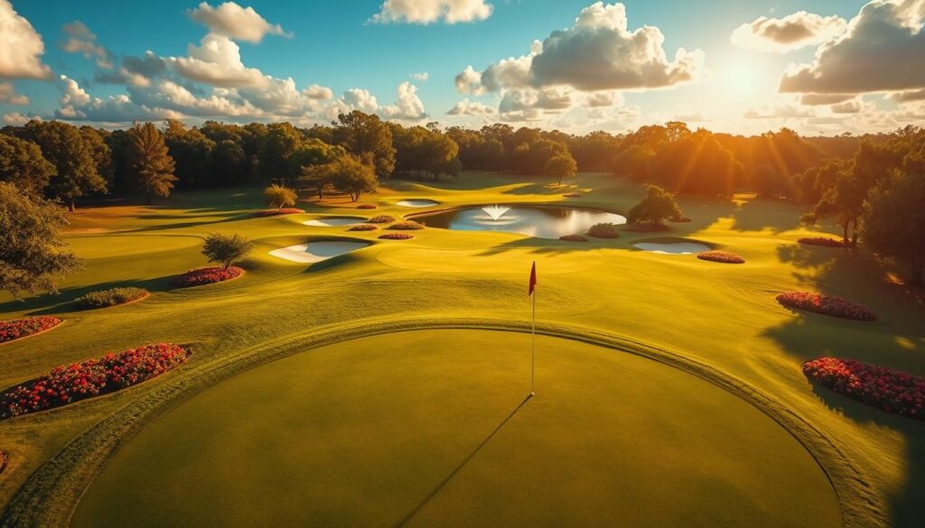 A stunning aerial view of a championship golf course's signature hole, showcasing a spectacular par 3 surrounded by lush greenery and vibrant flower beds. In the foreground, a pristine green with intricate flag placement, reflecting the careful maintenance typical of high-end courses. The middle ground features strategically placed bunkers and a sparkling water hazard, framed by gentle hills adorned with trees in various shades of green. The background captures a bright blue sky with fluffy white clouds, creating a perfect contrast that adds depth. The lighting is golden hour sun, casting soft, warm tones that evoke a serene, inviting atmosphere. The scene is shot from a low angle to emphasize the grandeur of the hole, with an unobstructed view of its beauty, ideal for social media aesthetics. A stunning aerial view of a championship golf course's signature hole, showcasing a spectacular par 3 surrounded by lush greenery and vibrant flower beds. In the foreground, a pristine green with intricate flag placement, reflecting the careful maintenance typical of high-end courses. The middle ground features strategically placed bunkers and a sparkling water hazard, framed by gentle hills adorned with trees in various shades of green. The background captures a bright blue sky with fluffy white clouds, creating a perfect contrast that adds depth. The lighting is golden hour sun, casting soft, warm tones that evoke a serene, inviting atmosphere. The scene is shot from a low angle to emphasize the grandeur of the hole, with an unobstructed view of its beauty, ideal for social media aesthetics.