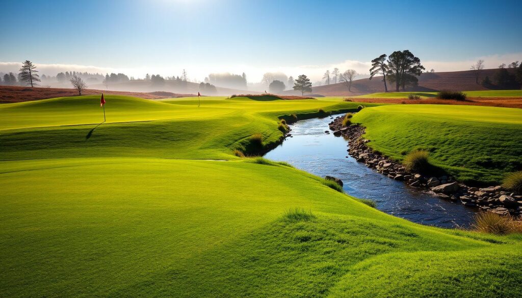 A stunning championship golf course featuring a dramatic creek crossing, illustrating a challenging water hazard. In the foreground, a pristine green fairway with carefully manicured grass leads towards a narrow, reflective creek. The creek, glimmering under the soft morning light, is lined with natural stones and vibrant vegetation. In the middle ground, several strategically placed golf tees and flags are visible, hinting at the intensity of the course. The background showcases rolling hills and distant trees, shrouded in a light morning fog, adding depth to the scene. The atmosphere is serene yet suspenseful, conveying the beauty and challenge of legendary championship water holes. The image is captured with a wide-angle lens, emphasizing the landscape’s grandeur, with a bright, clear sky overhead to enhance the overall mood.