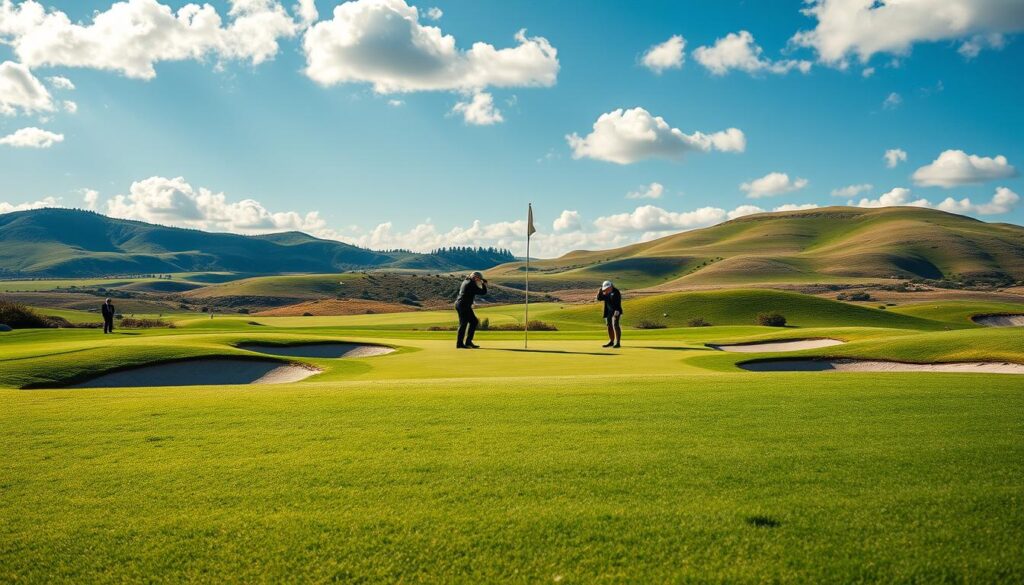 A breathtaking view of an iconic golf hole showcasing the unique risk-reward challenge it presents to players. In the foreground, a vibrant green fairway leads towards a meticulously manicured green surrounded by dramatic sand traps. In the middle ground, golfers in professional business attire aim for a strategically placed pin, capturing the tension of the moment. The background features rolling hills under a clear blue sky, with fluffy white clouds, enhancing the serenity of the golf course. The image is lit with soft, warm sunlight, highlighting the textures of the landscape, and shot from a low angle to emphasize the grandeur of the hole. The overall atmosphere conveys excitement and anticipation, inviting the viewer to feel the championship experience.