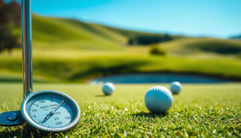 A close-up view of a Stimpmeter resting on a lush golf green, displaying a precise green speed measurement. The foreground features the metallic Stimpmeter glistening under bright, natural sunlight, with its measurements clearly visible and positioned parallel to the grass. In the middle ground, the beautifully manicured putting surface showcases a subtle texture, highlighting the smoothness and firmness of the grass, with a few scattered golf balls nearby. The background consists of soft-focus rolling hills and a clear blue sky, creating an inviting atmosphere. The image captures a sense of attention to detail and professionalism, suitable for a tour-level golf setup. The lighting is bright but soft, emphasizing the vibrant greens without harsh shadows. A close-up view of a Stimpmeter resting on a lush golf green, displaying a precise green speed measurement. The foreground features the metallic Stimpmeter glistening under bright, natural sunlight, with its measurements clearly visible and positioned parallel to the grass. In the middle ground, the beautifully manicured putting surface showcases a subtle texture, highlighting the smoothness and firmness of the grass, with a few scattered golf balls nearby. The background consists of soft-focus rolling hills and a clear blue sky, creating an inviting atmosphere. The image captures a sense of attention to detail and professionalism, suitable for a tour-level golf setup. The lighting is bright but soft, emphasizing the vibrant greens without harsh shadows.