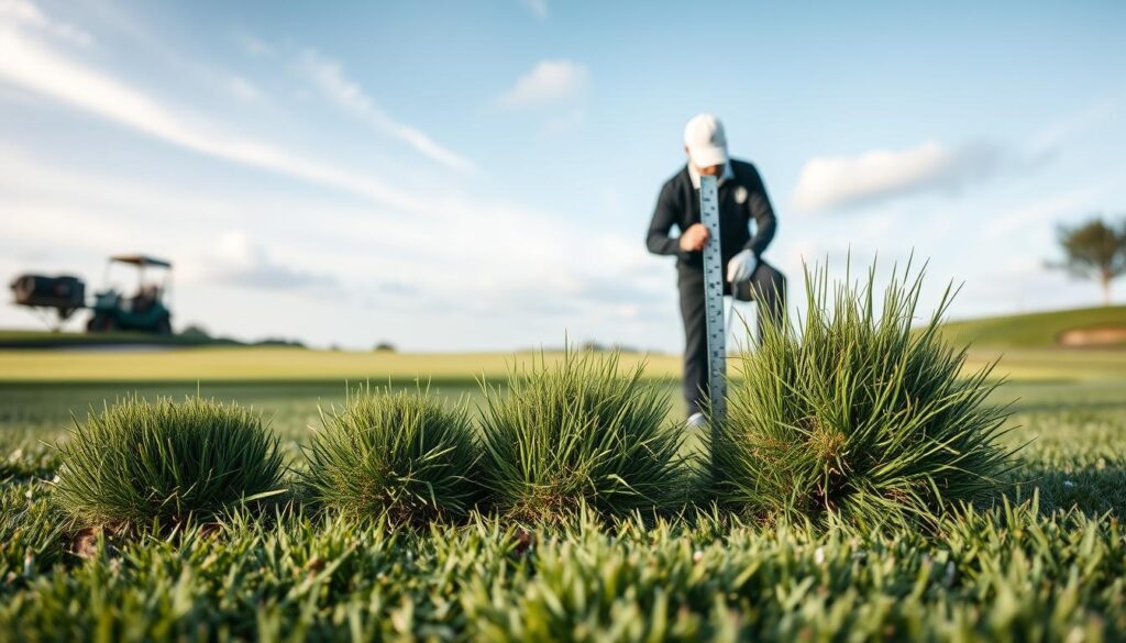 A detailed comparison of different types of golf course rough, showcasing several heights and textures of grass. In the foreground, prominently display three distinct clumps of rough with varying heights: short, medium, and tall, illustrating the differences clearly. In the middle ground, depict a golfer in professional attire measuring the rough heights with a ruler, focused and engaged, capturing the technical aspect of the scene. The background should portray a manicured golf course green and fairway, transitioning to the rough, under a bright blue sky with soft clouds. Use soft, natural lighting to evoke a calm and serene atmosphere, captured from a low angle to emphasize the textures of the grass and the golfer's actions. The overall composition should convey a sense of professionalism and attention to detail in golf course management. A detailed comparison of different types of golf course rough, showcasing several heights and textures of grass. In the foreground, prominently display three distinct clumps of rough with varying heights: short, medium, and tall, illustrating the differences clearly. In the middle ground, depict a golfer in professional attire measuring the rough heights with a ruler, focused and engaged, capturing the technical aspect of the scene. The background should portray a manicured golf course green and fairway, transitioning to the rough, under a bright blue sky with soft clouds. Use soft, natural lighting to evoke a calm and serene atmosphere, captured from a low angle to emphasize the textures of the grass and the golfer's actions. The overall composition should convey a sense of professionalism and attention to detail in golf course management.