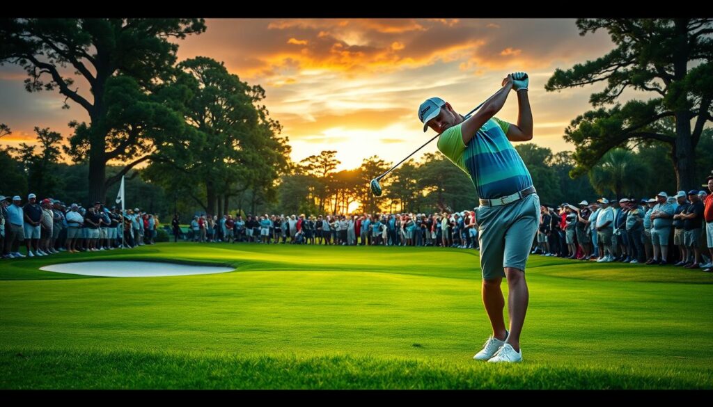 A determined golfer in a stylish polo shirt and tailored shorts, expertly executing a clutch shot on a pivotal par 3 hole during a tense championship weekend. The focus is on the golfer's intense expression as they take the final swing, surrounded by a vibrant green landscape. Foreground captures the golfer in mid-swing, with the club extending towards the ball. In the middle ground, a pristine grass tee box, with strategically placed bunkers enhancing the pressure of the shot. The background features an eager crowd watching closely, framed by towering trees under a dramatic sky, hinting at an impending sunset. The scene is illuminated with warm, golden lighting, adding to the high-stakes atmosphere and the excitement of the moment.