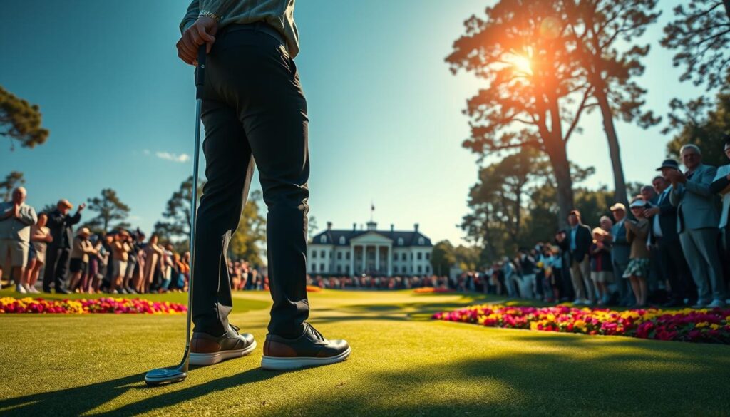 A dramatic scene capturing a historical moment on a signature golf hole during a prestigious tournament. In the foreground, a golfer in professional attire, focusing intently on a putt, showcasing tension and concentration. The middle ground features an iconic, lush green fairway bordered by vibrant flower beds, with spectators in the background cheering, their faces filled with excitement and anticipation. The background showcases a grand clubhouse and majestic trees under a clear blue sky, emphasizing the celebration of the sport. Dramatic lighting highlights the golfer, creating a sense of importance and legacy. The angle is slightly elevated, providing a panoramic view that conveys the grandeur of the championship atmosphere and the significance of this moment in golf history.