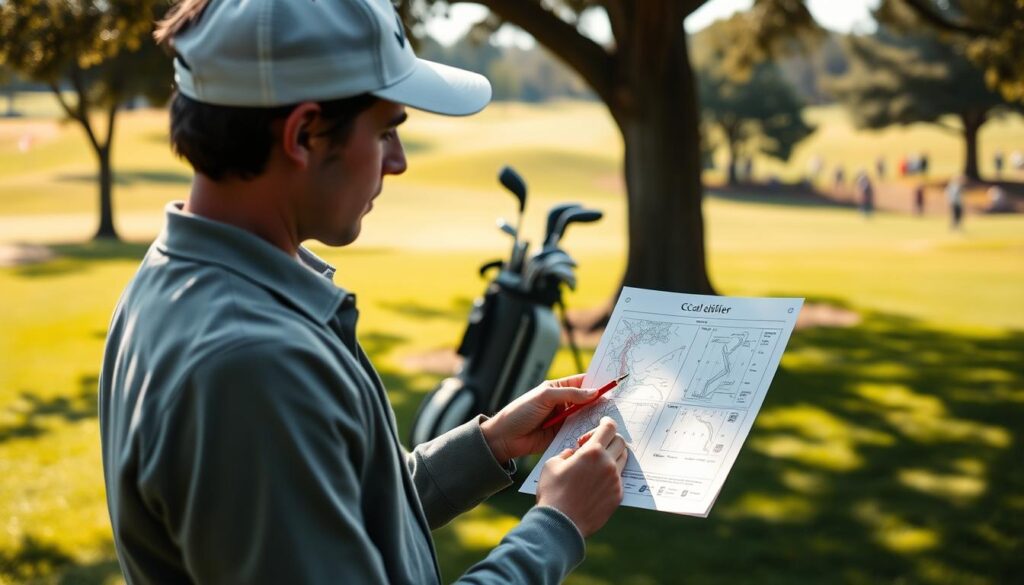 A focused golfer, dressed in smart casual attire, stands on the lush green fairway of a golf course during a USGA qualifier. In the foreground, the golfer is intently reviewing a detailed scorecard and a strategy map, with a pencil poised above the paper. In the middle ground, a pristine golf bag filled with various clubs leans against a tree. The background showcases a sunlit course with manicured greens and distant spectators quietly observing. The scene is captured in soft, natural light, emphasizing the determination on the golfer's face. The mood is one of concentration and anticipation, encapsulating the strategic mindset required for the challenging 36-hole competition day ahead. The image should have a slightly blurred depth of field to enhance focus on the golfer's expression and materials, creating an atmosphere of calm intensity.