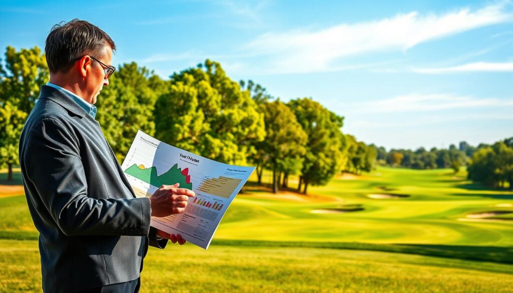 A golf tournament scene showcasing the toughest holes in a picturesque course. In the foreground, a golf analyst is studying a detailed graph and chart of hole difficulties, wearing professional business attire. In the middle ground, a vibrant golf course featuring challenging holes, with steep slopes, water hazards, and strategic bunkers visible. The background includes a clear blue sky and lush green trees lining the course, enhancing the thriving outdoor atmosphere. Soft, warm lighting creates an inviting yet intense mood, highlighting the aspects of strategy and analysis. The overall composition captures the essence of competitive golf, perfect for illustrating the challenges golfers face.
