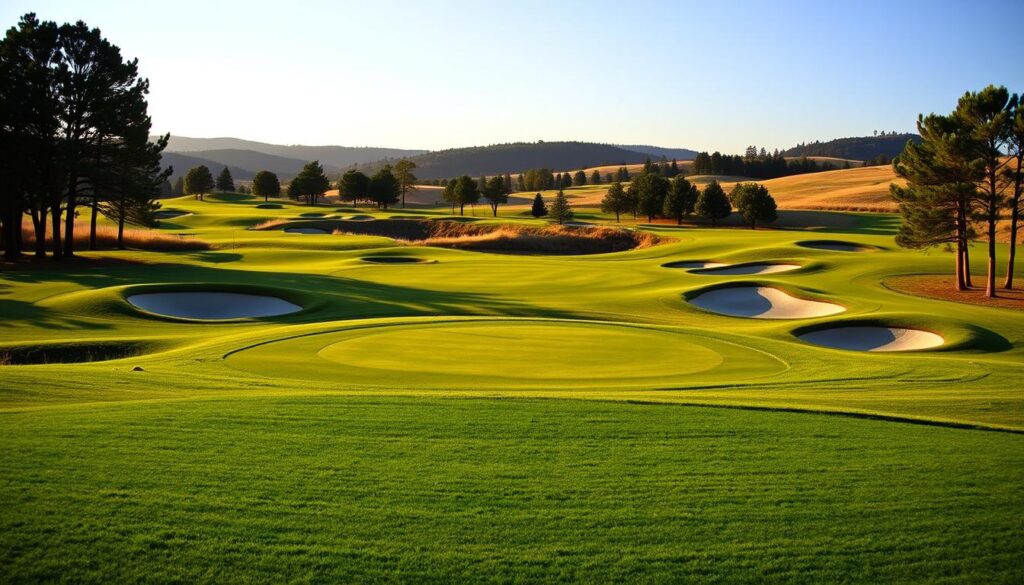 A panoramic view of a meticulously designed golf course showcasing strategic bunkering and intricate green complexes. In the foreground, a well-maintained tee box is framed with vibrant green grass, leading to a carefully sculpted fairway that curves towards a series of sand traps with varying shapes and sizes. The middle ground features a lush green putting surface with subtle undulations, surrounded by bunkers that create visual interest and challenge. In the background, rolling hills and mature trees provide a serene backdrop, kissed by warm golden sunlight, casting soft shadows across the scene. The atmosphere is tranquil yet invigorating, evoking the spirit of championship-level play, viewed from a slightly elevated angle as if captured by a wide-angle lens.