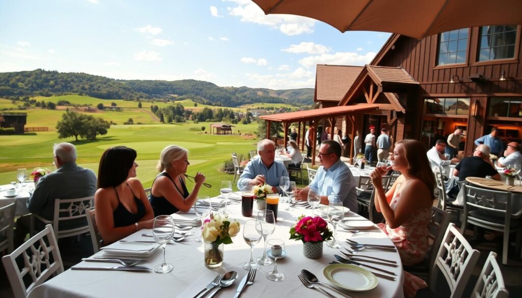A picturesque golf resort dining scene set against a backdrop of lush, manicured greens and beautiful fairways. In the foreground, elegantly set outdoor dining tables with white tablecloths and polished silverware, featuring delicate flower centerpieces. Guests dressed in stylish, modest casual clothing enjoy gourmet meals and craft beers from a local brewery. In the middle ground, a charming wooden brewery building with rustic decor and large windows showcases brewing equipment, with patrons sipping drinks on a sunlit patio. The background reveals rolling hills under a clear blue sky and vibrant greenery, creating a serene atmosphere. Soft, warm lighting enhances the inviting ambiance, reminiscent of a perfect afternoon at a luxurious resort. The angle is slightly elevated, giving a broad perspective of the lively yet relaxed dining environment.