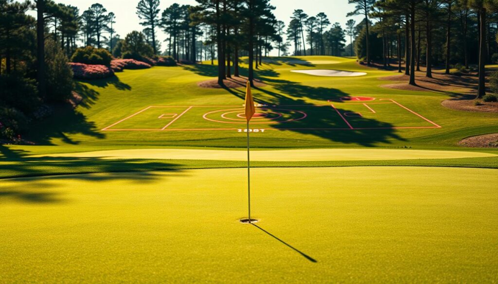A picturesque view of Augusta National Golf Club, showcasing a strategic layout of golf targets. In the foreground, a meticulously manicured green with a flag marking a challenging pin position, surrounded by subtle undulations of grass. The middle ground features various target areas outlined with vibrant chalk lines, indicating conservative and aggressive playing lines, amid a backdrop of iconic azaleas and towering pines. The sunlight creates a warm, golden hue, enhancing the lush greens, while shadows give depth to the scene. A low angle perspective captures the rolling hills and the pristine fairways that lead towards the expertly designed challenges that test professional golfers. The atmosphere feels tense yet serene, inviting viewers to explore the intricacies of strategy in golf.