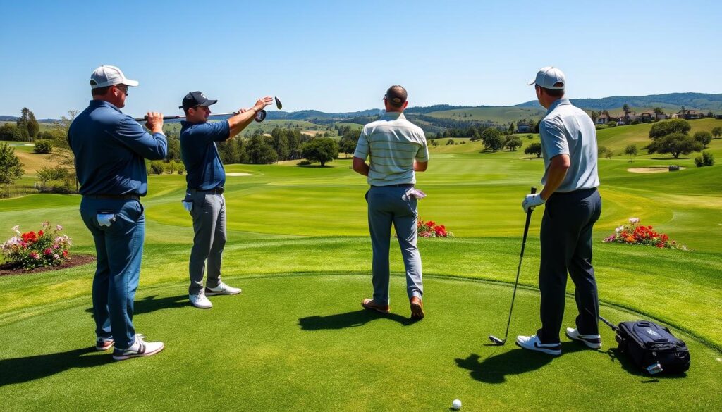 A pro-am group stands on the tee box of a scenic local golf club, with a well-manicured fairway stretching into the distance. In the foreground, four golfers—two professionals in smart golf attire and two amateurs in modest, casual clothing—are preparing to tee off. One pro is demonstrating a swing technique, while the amateur watches attentively. In the middle ground, a vibrant greenery surrounds the tee box, dotted with colorful flowers and well-placed decor typical of a golf tournament. The background features a clear blue sky and gently rolling hills, creating a serene atmosphere. The lighting is bright and natural, suggesting mid-morning, with soft shadows cast by the golfers. The angle is dynamic, capturing the excitement and camaraderie of the event, with a slightly elevated perspective that includes depth and context. The mood is enthusiastic and professional, reflecting the social and competitive spirit of pro-am golf events.