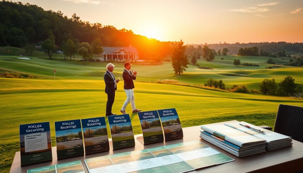 A serene golf course during the golden hour, showcasing a beautiful landscape with rolling hills and lush green fairways. In the foreground, a neatly arranged table displays golf booking windows, featuring colorful brochures and seasonal discount cards, expertly organized. In the middle ground, a couple of golfers in smart-casual attire are discussing their booking options while enjoying refreshments. In the background, a luxurious lodge nestled among trees highlights the appeal of a stay-and-play getaway. The sun is setting, casting warm golden light, creating a calm and inviting atmosphere. The image is captured with a slight tilt-angle lens to emphasize the vibrant colors and inviting scene, ensuring a professional yet relaxed mood perfect for attracting potential visitors.