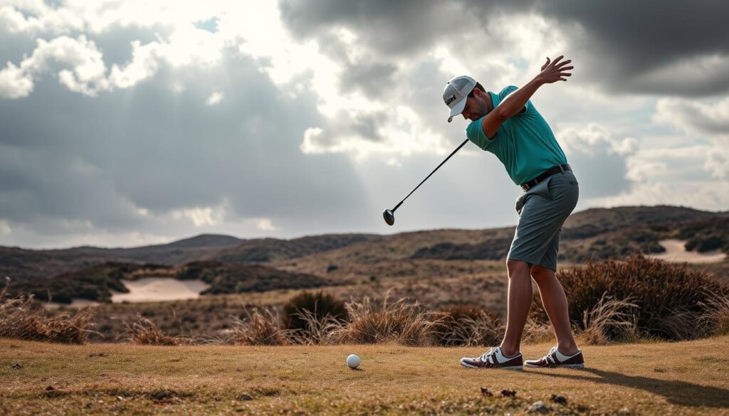 A skilled golfer in a professional polo shirt and tailored shorts executes a low punch shot on a rugged links course. The golfer's stance is focused and athletic, showcasing precise technique suited for firm, fast conditions. The grass is sparse and dry, typical of a challenging links layout, while strong gusts of wind ripple through the scene, bending blades of grass and affecting the golfer's posture. In the foreground, the club makes contact with the ball, sending it forward with a low trajectory. The middle ground reveals rolling terrain, sandy bunkers, and windswept heather. The background features a dramatic sky, hinting at an upcoming storm, with sunlight breaking through clouds to create an energetic atmosphere. Utilize a wide-angle lens to capture both the golfer and the expansive landscape, emphasizing the skill required for such conditions.