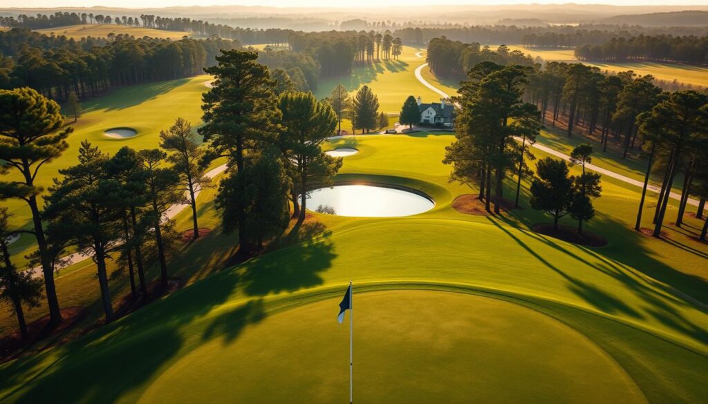 A stunning aerial view of Augusta National Golf Club's famed back nine, focusing on the iconic 12th hole at Amen Corner, known for its beauty and strategic challenges. In the foreground, capture a meticulously maintained green with a flag gently fluttering in the breeze. In the middle ground, show the picturesque water hazard and the famous pines surrounding the fairway, with perfectly manicured grass stretching towards the horizon. In the background, depict the gentle rolling hills of the course bathed in soft, warm golden sunlight, casting elongated shadows, evoking the calm thrill of a tournament day. The atmosphere should convey excitement and serenity, enticing viewers to reflect on their own strategies for this legendary course. Use a slightly elevated angle for a dynamic perspective, ensuring the layout’s details are vivid and inviting.