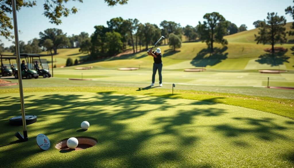 A sun-drenched practice facility showcasing championship-caliber golf training. In the foreground, a well-manicured putting green, with realistic golf balls positioned around the hole and a pair of golf clubs resting beside them. In the middle ground, a golfer in professional attire practicing their swing, exuding concentration and determination. Surrounding them, meticulously designed practice areas with sand traps and chipping nets, demonstrating the quality of conditions. The background features a pristine, expansive driving range with lush green grass and gently rolling hills. Bright sunlight filters through the trees, casting soft shadows and creating a warm, inviting atmosphere. Shot in wide angle with a slight focus blur, emphasizing both the action and the premium facilities.