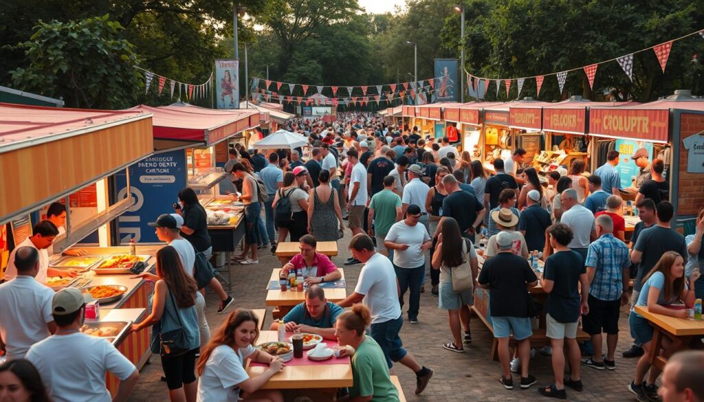 A vibrant outdoor event scene featuring a bustling food court and merchandise kiosks filled with enthusiastic fans in modest casual attire. In the foreground, well-dressed vendors serve delicious food options from colorful stalls, while visitors gather around picnic tables, enjoying their meals. In the middle ground, diverse groups of fans are browsing merchandise booths showcasing event memorabilia like t-shirts and hats. The background reveals a festive atmosphere with decorative banners and trees, creating a lively setting. Soft, warm lighting emphasizes the friendly mood as the sun sets, casting a golden glow over the scene. The image should be taken from a slightly elevated angle to capture the dynamic interplay of crowds and kiosks, evoking a sense of excitement and community. A vibrant outdoor event scene featuring a bustling food court and merchandise kiosks filled with enthusiastic fans in modest casual attire. In the foreground, well-dressed vendors serve delicious food options from colorful stalls, while visitors gather around picnic tables, enjoying their meals. In the middle ground, diverse groups of fans are browsing merchandise booths showcasing event memorabilia like t-shirts and hats. The background reveals a festive atmosphere with decorative banners and trees, creating a lively setting. Soft, warm lighting emphasizes the friendly mood as the sun sets, casting a golden glow over the scene. The image should be taken from a slightly elevated angle to capture the dynamic interplay of crowds and kiosks, evoking a sense of excitement and community.