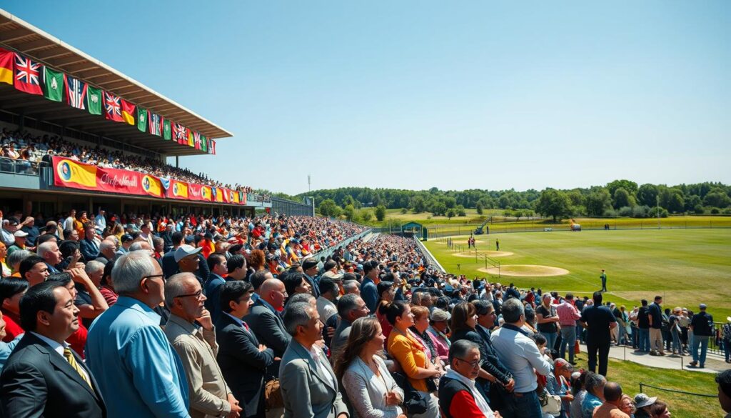 A vibrant outdoor scene showcasing a grandstand filled with spectators watching an event. In the foreground, capture an array of diverse individuals in professional business attire and modest casual clothing, eagerly engaged in the spectacle. The middle ground features an expansive grandstand with colorful banners fluttering in the breeze, filled to capacity. Additionally, there are strategically placed viewing mounds, clearly defined, inviting more spectators to enjoy the view. In the background, an open field lies beneath a bright blue sky, with distant trees completing the landscape. The lighting is bright and sunny, creating a lively, energetic atmosphere. The composition is taken from a slightly elevated angle to encompass both the grandstand and viewing mounds, exuding a sense of excitement and community. A vibrant outdoor scene showcasing a grandstand filled with spectators watching an event. In the foreground, capture an array of diverse individuals in professional business attire and modest casual clothing, eagerly engaged in the spectacle. The middle ground features an expansive grandstand with colorful banners fluttering in the breeze, filled to capacity. Additionally, there are strategically placed viewing mounds, clearly defined, inviting more spectators to enjoy the view. In the background, an open field lies beneath a bright blue sky, with distant trees completing the landscape. The lighting is bright and sunny, creating a lively, energetic atmosphere. The composition is taken from a slightly elevated angle to encompass both the grandstand and viewing mounds, exuding a sense of excitement and community.