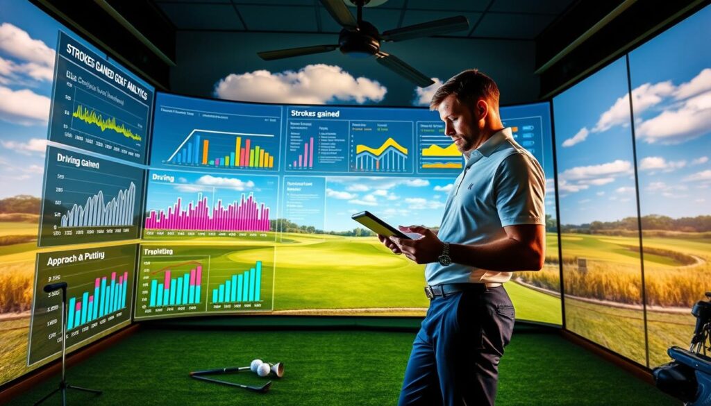 A visually striking representation of "Strokes Gained Golf Analytics," featuring a sleek and modern infographic style. In the foreground, a high-tech golf simulator displays vivid graphs and charts illustrating various strokes gained metrics, including driving, approach, and putting. The middle layer showcases a professional golfer in a tailored polo shirt and slacks, intently analyzing data on a tablet, surrounded by golf clubs and balls. In the background, a picturesque golf course with rolling greens under a bright blue sky sets an inviting atmosphere. Warm, natural lighting highlights the scene, emphasizing the analytical aspects while creating a sense of focus and determination. The angle is slightly elevated, capturing both the golfer's concentration and the intricate details of the analytics. The overall mood is dynamic and inspiring, reflecting the precision and strategy of modern golf.