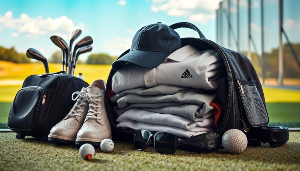 A well-organized golf travel bag is prominently displayed in the foreground, filled with essential packing items for a pro-am tournament. Items include a set of high-quality golf clubs, personalized golf balls, stylish golf shoes, and a polished golf glove. In the middle ground, a neatly folded golf shirt and shorts sit atop a stylish golf cap and a pair of sunglasses. The background features a bright, sunny driving range with lush green grass and a pristine blue sky, evoking a sense of excitement and professionalism. The lighting is warm and inviting, capturing the essence of a perfect day for golf. The mood is energetic and upscale, suitable for aspiring amateur golfers looking to impress on the course.