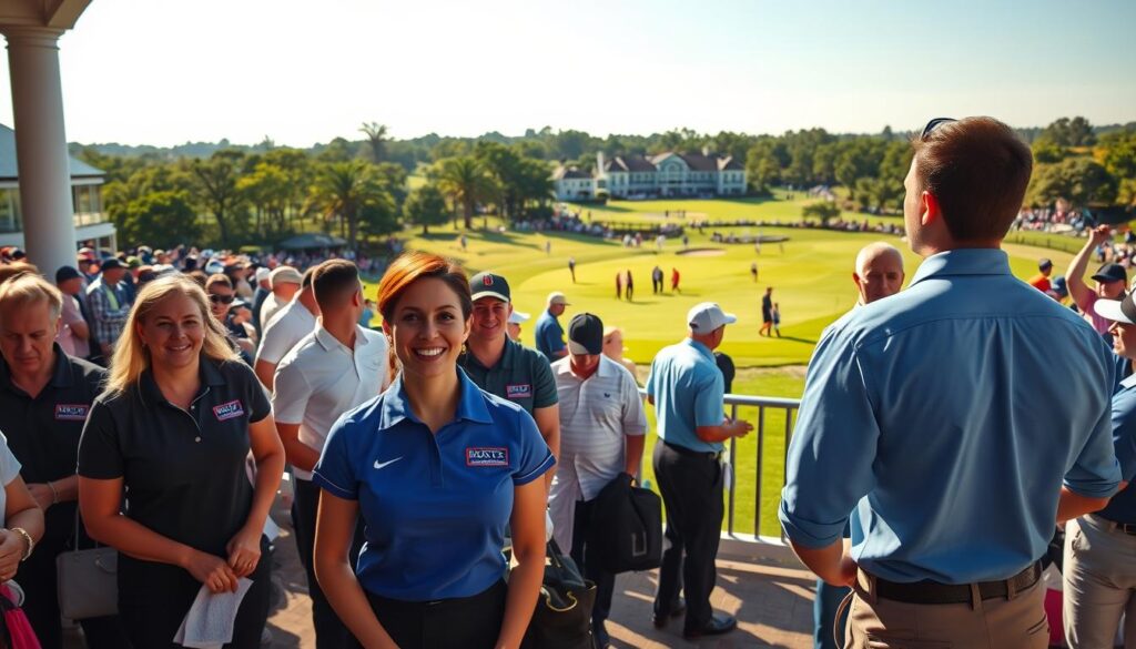 A busy golf championship venue showcasing dedicated service staff managing a crowd. In the foreground, a diverse group of staff members in professional uniforms cheerfully assisting attendees and providing personalized service. The middle ground features golfers and spectators enjoying the event, capturing their excitement and engagement. In the background, the beautifully manicured golf course stretches under a bright blue sky, with elegant landscaping and pristine greens visible. The lighting is warm and inviting, reminiscent of a sunny afternoon. Use a slight wide-angle lens effect to create depth and emphasize the bustling atmosphere. Convey a sense of professionalism, hospitality, and vibrant energy in the scene, highlighting the exceptional service experience at the championship event. A busy golf championship venue showcasing dedicated service staff managing a crowd. In the foreground, a diverse group of staff members in professional uniforms cheerfully assisting attendees and providing personalized service. The middle ground features golfers and spectators enjoying the event, capturing their excitement and engagement. In the background, the beautifully manicured golf course stretches under a bright blue sky, with elegant landscaping and pristine greens visible. The lighting is warm and inviting, reminiscent of a sunny afternoon. Use a slight wide-angle lens effect to create depth and emphasize the bustling atmosphere. Convey a sense of professionalism, hospitality, and vibrant energy in the scene, highlighting the exceptional service experience at the championship event.