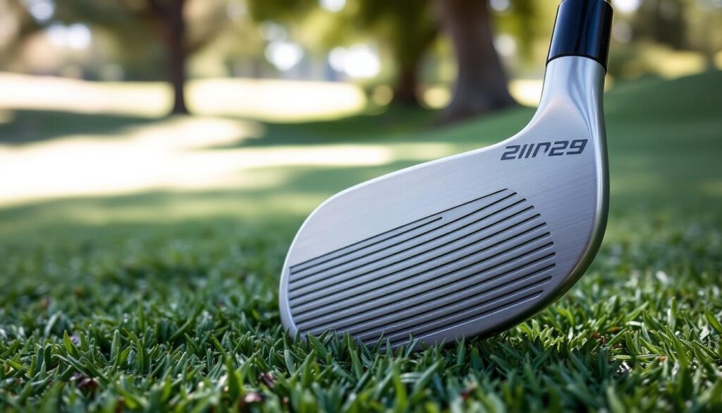 A close-up view of a golf wedge with an expertly crafted grind and bounce designed specifically for tight lies, showcasing the unique sole design with intricate details and textures. The wedge rests on a well-manicured fairway, with a blurred background of lush grass and gentle undulations indicative of a fast golf course. Soft, natural sunlight filters through overhead trees, casting gentle shadows that highlight the contours of the wedge. The angle captures the wedge at a slight tilt, showcasing the face and sole effectively. The mood is serene and focused, embodying the precision required for golf equipment designed for challenging conditions.