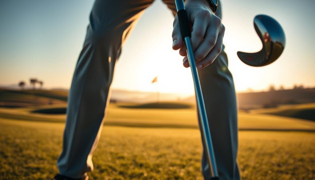 A close-up view of a golfer adjusting their stance for a shot elevation, focusing on their hands gripping a golf club, wearing smart-casual attire. In the middle ground, an open golf course stretches out with a flag visible in the background, offering a clear view of rolling greens and a subtle incline. The scene is bathed in warm, natural lighting, suggesting a golden hour haze, enhancing the tranquil atmosphere of a late afternoon game. The lens is slightly blurred on the background to emphasize the golfer's technique and shot preparation, highlighting the contrast between the tension of the moment and the serene environment. The image conveys a sense of focus, expertise, and the delicate balance in the "Shot Shaping vs. Straight Ball Debate."