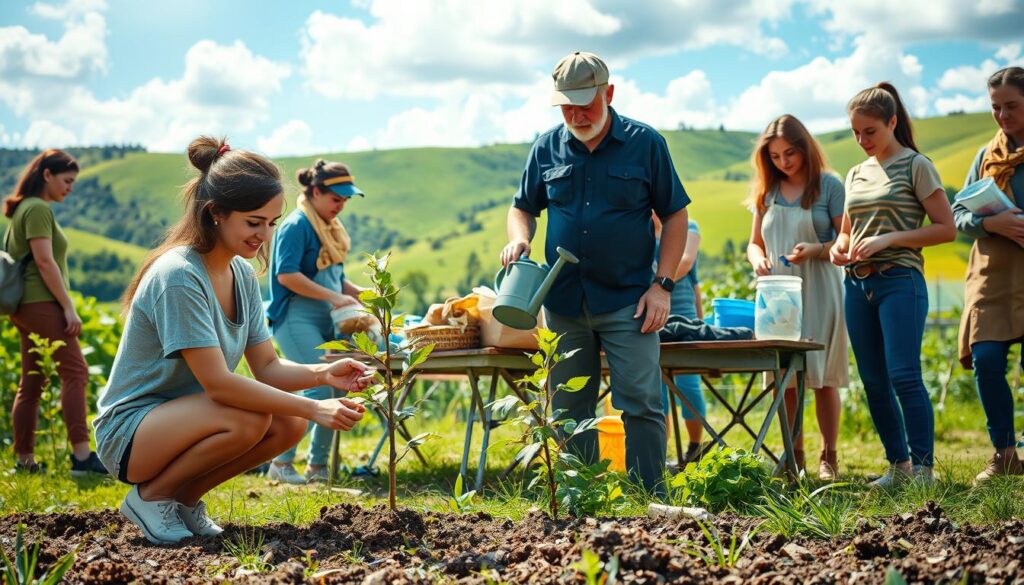 A diverse group of volunteers, dressed in modest casual clothing, working together in a lush garden setting, planting saplings and sorting recyclable materials. In the foreground, a young woman kneels and places a small tree into the ground, while a middle-aged man behind her holds a watering can, ready to nourish the plant. The middle ground features a makeshift table filled with composting materials and gardening tools. In the background, green hills and a bright blue sky with fluffy clouds illustrate an idyllic landscape. Soft, natural sunlight casts a warm glow over the scene, creating an uplifting and hopeful atmosphere. The image should capture the essence of community spirit and commitment to sustainability efforts in a vibrant, engaging manner.