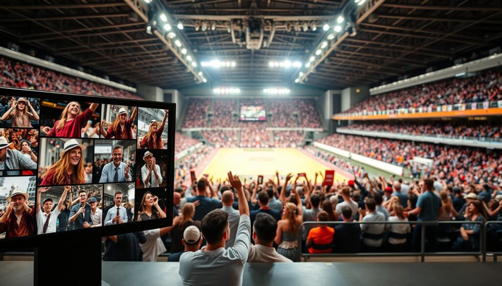 A dynamic composition showcasing a photo video gallery curation within a vibrant tournament setting. In the foreground, a sleek display featuring various photo frames, capturing intense moments of competition with rich colors and textures. The middle ground reveals grandstands packed with enthusiastic crowds, their faces filled with excitement, dressed in casual yet tasteful attire. A slight angle highlights the energy as hands are raised in cheer and banners are waved. In the background, a soft-focus view of a stadium with bright floodlights illuminating the arena, creating a warm and inviting atmosphere, hinting at the thrill of the tournament. The overall mood conveys a sense of celebration and camaraderie, emphasizing the importance of storytelling through visual art in sports events. A dynamic composition showcasing a photo video gallery curation within a vibrant tournament setting. In the foreground, a sleek display featuring various photo frames, capturing intense moments of competition with rich colors and textures. The middle ground reveals grandstands packed with enthusiastic crowds, their faces filled with excitement, dressed in casual yet tasteful attire. A slight angle highlights the energy as hands are raised in cheer and banners are waved. In the background, a soft-focus view of a stadium with bright floodlights illuminating the arena, creating a warm and inviting atmosphere, hinting at the thrill of the tournament. The overall mood conveys a sense of celebration and camaraderie, emphasizing the importance of storytelling through visual art in sports events.