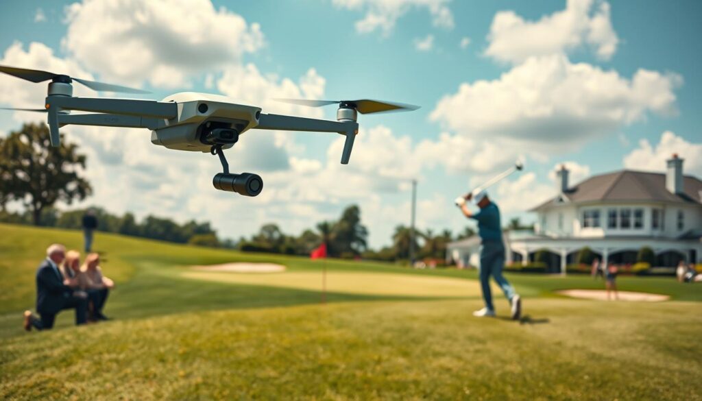 A dynamic scene showcasing a golf tournament intertwined with drone technology. In the foreground, a sleek, modern drone hovers above a lush green golf course, capturing aerial footage. Surrounding it, a few spectators dressed in professional business attire observe the event, while a golf player, in mid-swing, focuses on the fairway. The middle ground features a beautifully manicured golf course with grass and sand traps, dotted with colorful flags marking the holes. In the background, a bright blue sky with soft, white clouds enhances the atmosphere, while an elegant clubhouse is visible. The lighting is bright and natural, emphasizing the excitement of the tournament. The overall mood is one of innovation and sport, highlighting the blend of traditional golf with modern technology. A dynamic scene showcasing a golf tournament intertwined with drone technology. In the foreground, a sleek, modern drone hovers above a lush green golf course, capturing aerial footage. Surrounding it, a few spectators dressed in professional business attire observe the event, while a golf player, in mid-swing, focuses on the fairway. The middle ground features a beautifully manicured golf course with grass and sand traps, dotted with colorful flags marking the holes. In the background, a bright blue sky with soft, white clouds enhances the atmosphere, while an elegant clubhouse is visible. The lighting is bright and natural, emphasizing the excitement of the tournament. The overall mood is one of innovation and sport, highlighting the blend of traditional golf with modern technology.