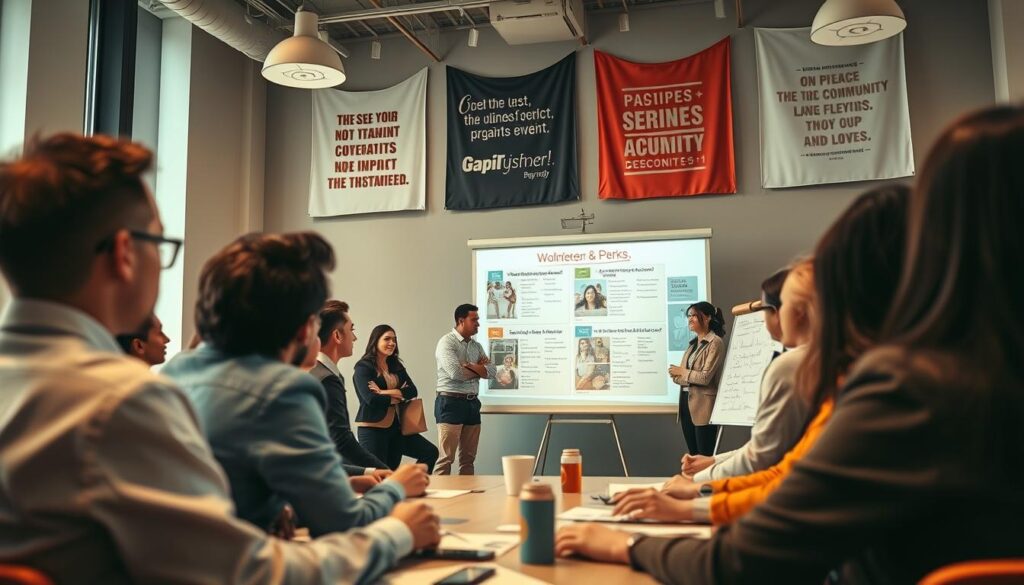 A dynamic training session in a modern community center, focusing on volunteers engaged in charity work. In the foreground, a diverse group of volunteers, including men and women in professional business attire, are actively participating in a workshop, collaborating on projects and sharing ideas. In the middle ground, a large whiteboard filled with plans and perks related to charity initiatives is visible, while a projector screen displays inspiring images of charity events. The background showcases inspirational banners featuring quotes about impact and service. Soft, warm lighting illuminates the scene, creating an inviting atmosphere, with an angle that captures the engaged expressions of the volunteers. The overall mood is uplifting and motivating, highlighting the synergy of teamwork and dedication to community service.