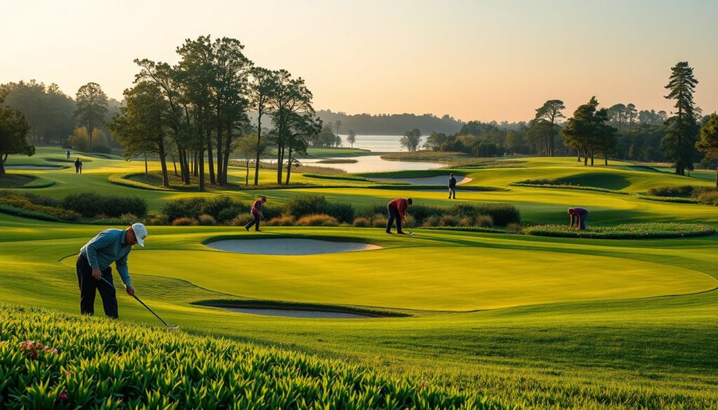 A lush golf course undergoing restoration, showcasing a blend of natural beauty and professional design work. In the foreground, skilled landscape architects in professional attire are carefully tending to vibrant green grass and replanting native flowers. The middle ground features a partially renovated hole with sand traps and sculpted undulating greens, surrounded by gently rolling hills. In the background, tall trees and a serene water hazard create a picturesque setting under soft, golden hour lighting. The scene conveys a sense of rejuvenation and care, highlighting the importance of environmental sustainability in golf course design. Use a wide-angle lens to capture the expansive landscape, emphasizing both the intricate details of the restoration and the tranquil atmosphere.