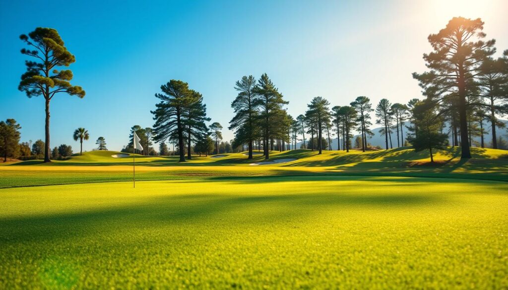 A lush golf putting green is featured prominently in the foreground, highlighted by well-manicured grass in vibrant shades of green. Several pin positions are marked with small flags, showcasing different zones on the green typical for competition rounds. The middle ground captures a picturesque golf course landscape, with gentle rolling hills and strategically placed bunkers. In the background, tall trees provide a serene backdrop under a bright blue sky. The lighting is warm and inviting, simulating late afternoon sunshine that casts soft shadows. The image creates a calm and focused atmosphere, ideal for understanding the nuances of green reading in golf. The angle showcases both the green and the broader course context, ensuring clarity and depth without any distractions like text or logos. A lush golf putting green is featured prominently in the foreground, highlighted by well-manicured grass in vibrant shades of green. Several pin positions are marked with small flags, showcasing different zones on the green typical for competition rounds. The middle ground captures a picturesque golf course landscape, with gentle rolling hills and strategically placed bunkers. In the background, tall trees provide a serene backdrop under a bright blue sky. The lighting is warm and inviting, simulating late afternoon sunshine that casts soft shadows. The image creates a calm and focused atmosphere, ideal for understanding the nuances of green reading in golf. The angle showcases both the green and the broader course context, ensuring clarity and depth without any distractions like text or logos.