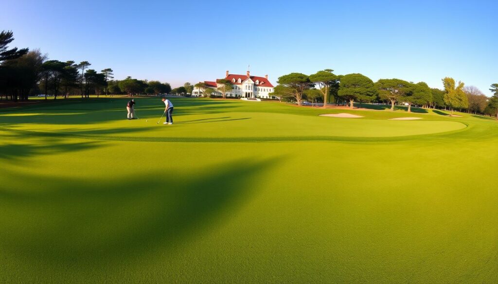 A panoramic view of Quail Hollow golf course, showcasing its pristine conditions and vibrant greens under bright, clear blue skies. In the foreground, a well-manicured putting green glistens in the sunlight, with a few scattered golf balls reflecting the care taken in its maintenance. The middle ground reveals players in smart casual golf attire, engaged in a friendly game, capturing the course's engaging atmosphere. Each golfer is focused, hinting at the pace of play challenge. The distant background features the iconic clubhouse and perfectly maintained fairways lined with lush trees, creating a serene yet dynamic setting. The image is illuminated by golden hour lighting, casting soft shadows and enhancing the stunning colors of the landscape, evoking a sense of tranquility and sporting spirit. A panoramic view of Quail Hollow golf course, showcasing its pristine conditions and vibrant greens under bright, clear blue skies. In the foreground, a well-manicured putting green glistens in the sunlight, with a few scattered golf balls reflecting the care taken in its maintenance. The middle ground reveals players in smart casual golf attire, engaged in a friendly game, capturing the course's engaging atmosphere. Each golfer is focused, hinting at the pace of play challenge. The distant background features the iconic clubhouse and perfectly maintained fairways lined with lush trees, creating a serene yet dynamic setting. The image is illuminated by golden hour lighting, casting soft shadows and enhancing the stunning colors of the landscape, evoking a sense of tranquility and sporting spirit.