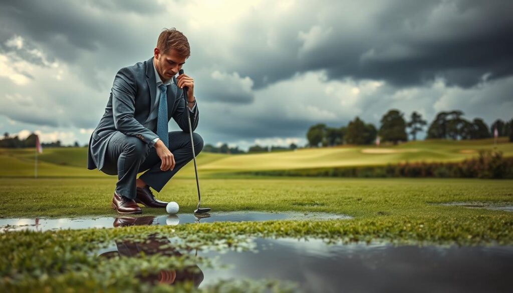 A professional golfer strategizes on a rain-soaked course, depicted in a lush green landscape with puddles reflecting dark clouds. In the foreground, the golfer, dressed in smart business attire, is kneeling beside a golf ball, studying the damp terrain with intense focus. The middle ground features a vibrant golf course, the grass lush and glistening with moisture, while flags flutter gently in the wind. In the background, stormy clouds loom, creating an atmospheric tension that signifies impending rain, with distant trees swaying subtly. The scene is illuminated by soft, diffused light, suggesting an overcast day, enhancing the mood of determination and challenge. Shot from a low angle to emphasize the action and the uniqueness of playing in wet conditions.