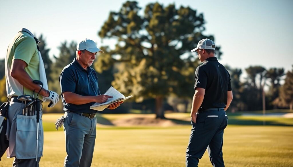 A serene golf course scene capturing a pivotal moment in club selection. In the foreground, a focused caddie, dressed in a classic golf polo and slacks, is discussing club options with a golfer, who is dressed in smart casual attire. The caddie holds a set of clubs, pointing to a 7-iron as they analyze a golfer's yardage book. In the middle ground, a well-manicured green is visible with a flag gently fluttering, and a distant sand trap adds to the challenge. The background features lush trees and a clear blue sky, with soft sunlight illuminating the scene, creating a warm and inviting atmosphere. The composition conveys camaraderie and strategic thinking at a key hole, emphasizing the importance of informed club selection in the game of golf.