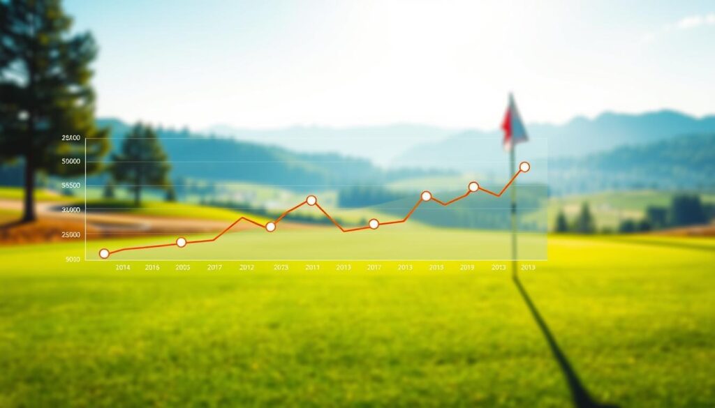 A sleek and modern dynamic pricing golf tee times chart set against a bright and airy background of a lush golf course. In the foreground, a colorful line graph showcases fluctuating prices over time, with distinct data points represented by rounded markers. The middle ground features a well-manicured putting green and a golf flag, with a subtle sun casting soft shadows. The background reveals distant rolling hills and clear blue skies, suggesting an ideal golfing atmosphere. Soft lighting creates an inviting and professional feel, reminiscent of a strategic business presentation. Ensure the composition is clean and organized, emphasizing the graph while maintaining a tranquil, optimistic mood that resonates with golf enthusiasts. No text or labels included.