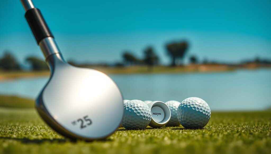A sleek display of spin management golf equipment, featuring a high-end golf club with a specially designed spin-inducing face, glistening in bright sunlight. In the foreground, focus on the club's intricate details, showcasing the textured grip and dynamic shaft flex. In the middle ground, arrange a selection of premium golf balls designed for high spin control, with one ball partially cut away to reveal its internal layers. The background features an expansive, well-maintained golf course under a clear blue sky, highlighting a firm, fast green. Use a shallow depth of field to create a soft bokeh effect, emphasizing the equipment while maintaining vibrant colors and sharp contrasts, evoking a refined and focused atmosphere for serious golfers.