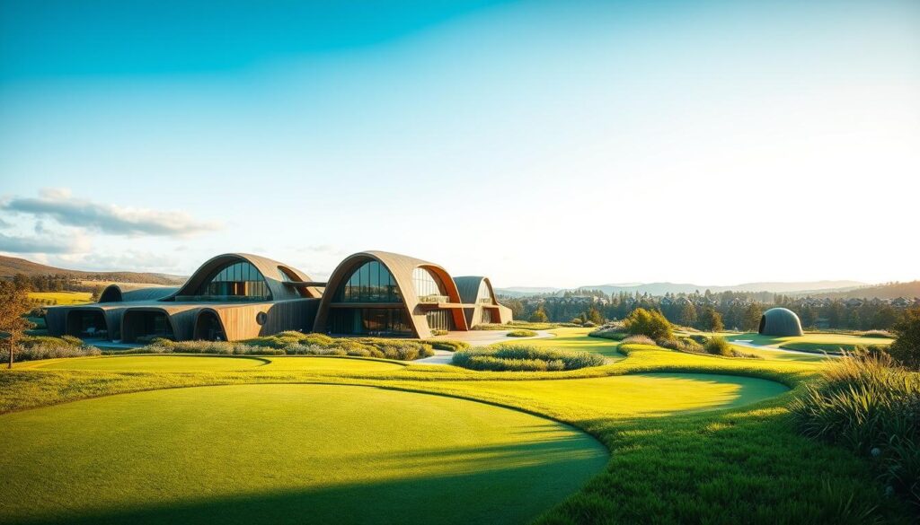 A stunning architectural representation of green complexes designed for golf course architecture, showcasing an array of organic shapes and sustainable materials. The foreground features meticulously manicured putting greens adorned with vibrant, healthy grass, reflecting sunlight in a vivid emerald hue. In the middle ground, striking buildings made of glass and recycled wood merge seamlessly with the landscape, surrounded by verdant gardens and bio-diverse plant life. Soft, diffused lighting creates a warm and inviting atmosphere, enhancing the natural beauty of the scene. The background showcases rolling hills and distant trees under a clear blue sky, framed by gently illuminated clouds. A wide-angle perspective captures the harmony between architecture and nature, evoking a sense of tranquility and innovation in green design. A stunning architectural representation of green complexes designed for golf course architecture, showcasing an array of organic shapes and sustainable materials. The foreground features meticulously manicured putting greens adorned with vibrant, healthy grass, reflecting sunlight in a vivid emerald hue. In the middle ground, striking buildings made of glass and recycled wood merge seamlessly with the landscape, surrounded by verdant gardens and bio-diverse plant life. Soft, diffused lighting creates a warm and inviting atmosphere, enhancing the natural beauty of the scene. The background showcases rolling hills and distant trees under a clear blue sky, framed by gently illuminated clouds. A wide-angle perspective captures the harmony between architecture and nature, evoking a sense of tranquility and innovation in green design.