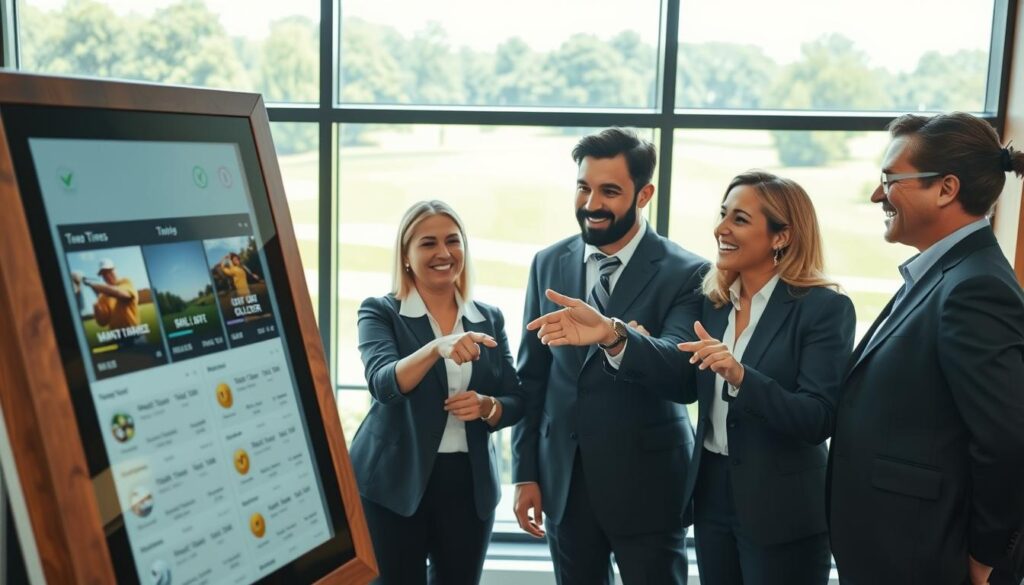 A vibrant group golf outing booking window set in a modern golf club environment. In the foreground, a sleek, user-friendly touchscreen kiosk displays various golf package options and tee times, all enclosed in a polished wooden frame. In the middle ground, a diverse group of four people in professional business attire is engaged in conversation, pointing excitedly at the screen and discussing their upcoming outing, with expressions of enthusiasm and anticipation. The background features lush green golf course scenery through large glass windows, with bright, inviting daylight streaming in, creating a warm atmosphere. Capture the image at a medium angle to emphasize the interaction among the group while showcasing the booking window. The mood is lively and professional, reflecting the excitement of planning a successful golfing event.