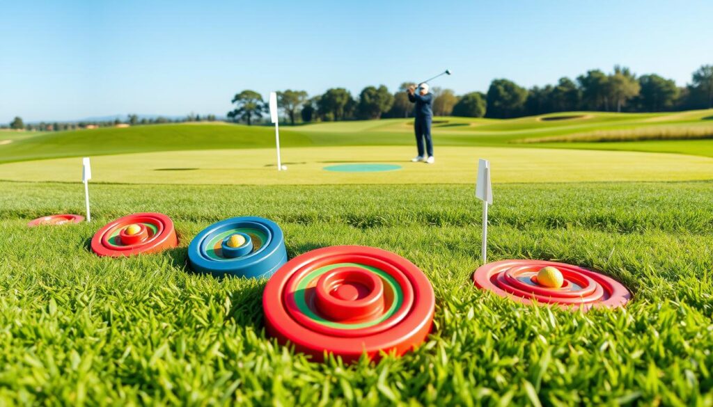 A visually engaging scene depicting various short-game targets set on different types of grass: lush, vibrant putting greens, thick Bermuda grass, and rough fescue areas. In the foreground, showcase a series of colorful targets, such as rings and flags, positioned strategically on the grass. In the middle ground, an experienced golfer in professional attire focuses on their technique, demonstrating different short-game shots. The background features a clear blue sky and distant trees, casting gentle shadows across the course. Use natural lighting to create a warm and inviting atmosphere, capturing the essence of a serene golf practice environment. The angle should bring the viewer closer to the targets while maintaining a panoramic view of the green landscape.
