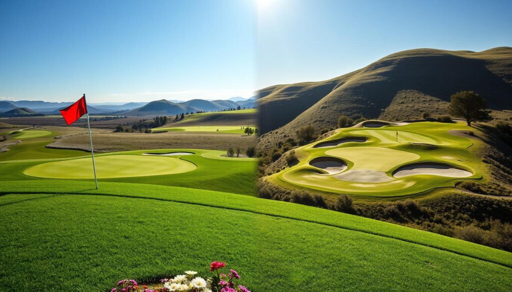 A visually striking comparison of two signature golf course designs, each hole reflecting unique architectural styles. In the foreground, the intricate details of a manicured green with flags waving gently in the breeze, showcasing vibrant colors of grass and flowers. The middle ground highlights distinct hole layouts with varying elevations, bunkers, and water features, illustrating the creativity of course architects. In the background, a serene landscape with gently rolling hills and a bright blue sky, casting soft sunlight over the scene. The atmosphere evokes inspiration and innovation in golf course design, emphasizing the artistry and planning involved. The image should feature no people but maintain a sense of scale and perspective through careful composition.