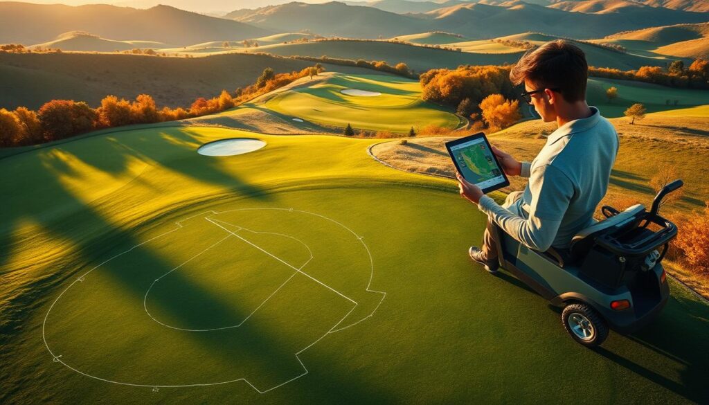 Aerial view of a meticulously designed golf course with highlighted strategic mapping overlays. In the foreground, there are detailed illustrated lines indicating optimal layup spots and angles for various holes, superimposed on the lush green fairways. The middle section showcases a golf cart parked near a tee box, with a professional golfer in smart casual attire studying a digital tablet that displays the course map. In the background, the landscape features dramatic rolling hills and vibrant tree lines, bathed in golden hour lighting, casting long shadows. The atmosphere is focused and analytical, emphasizing the preparation and strategy involved in lowering golf scores. The image captures the essence of pre-event scouting with clarity and depth, perfect for illustrating critical insights in golf strategy.