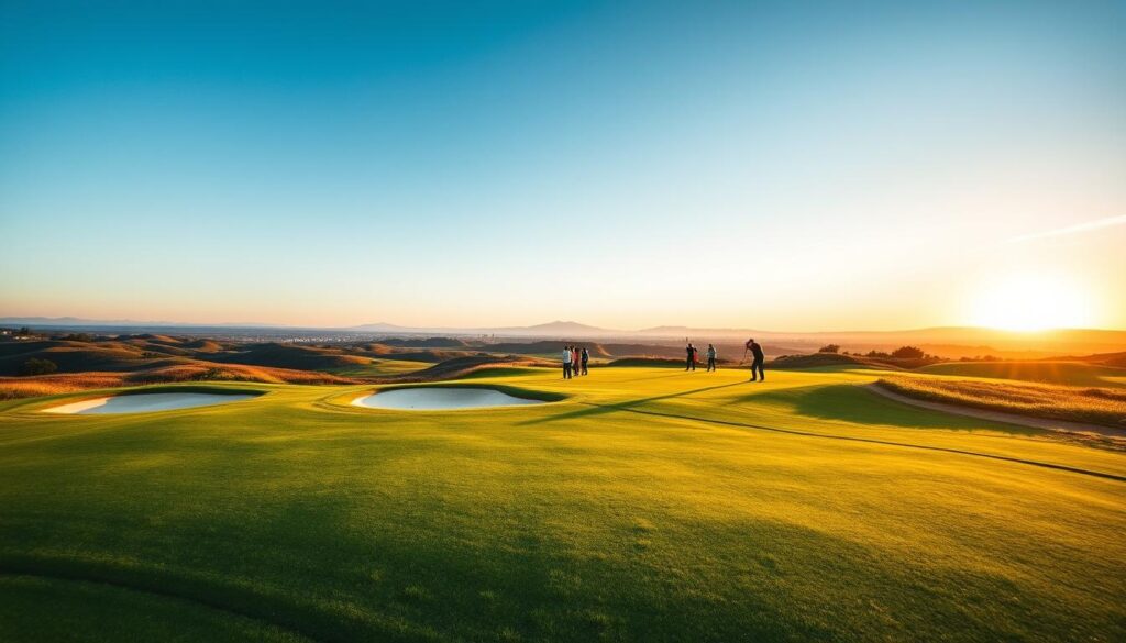 A breathtaking view of a famous golf course, showcasing a lush green fairway winding through rolling hills under a bright blue sky. In the foreground, manicured grass and a strategically placed sand trap glimmer in the soft sunlight, inviting golfers. In the middle ground, a group of golfers in smart casual clothing are poised to swing, embodying calm concentration. The background features distant mountains, with a vibrant sunset casting warm hues over the landscape, enhancing the scene's tranquility. Capture this stunning view with a wide-angle lens, emphasizing the depth and grandeur of the course, while creating an atmosphere of serene leisure and the beauty of nature at twilight.