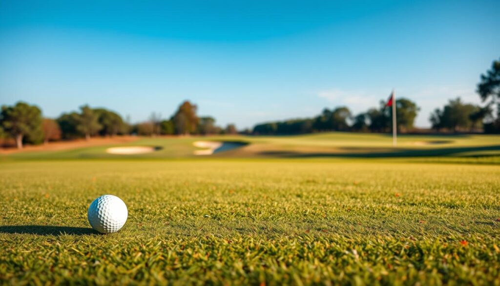A captivating golf photography scene displaying a detailed breakdown of a golf hole, highlighting various elements such as the tee box, fairway, hazards, and green. In the foreground, showcase a pristine tee box with a neatly placed golf ball, while the middle ground features a sweeping view of the fairway lined with trees and strategically placed bunkers. The background should showcase a beautifully manicured green with flagstick gently fluttering in the breeze, all under a bright blue sky. Utilize soft, natural lighting to emphasize the lush greens and earthy browns with a slight depth of field effect to draw focus on the hole’s features. Capture a refreshing atmosphere, evoking the serene beauty of a top golf course, inviting viewers into the golfer's perspective.