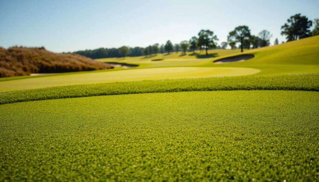 A meticulously maintained golf course set up for a major championship, showcasing a lush green putting surface glistening under bright sunlight, ideal for tournament play. In the foreground, detailed views of the smooth green grass with a focus on the ideal putting speed. The middle ground features carefully manicured rough areas with dense grass, highlighting the contrast between the fairway and the rough. In the background, distant tree lines add depth to the scene under a clear blue sky. The lighting creates sharp shadows, emphasizing the contours of the course, while the angle captures a slight bird’s-eye view to showcase the layout. The mood is energetic and anticipatory, reflecting the excitement of a professional golf tournament.