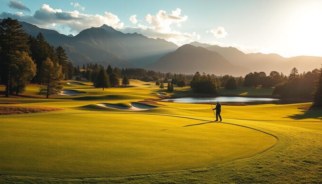 A picturesque golf course landscape, showcasing vibrant green fairways surrounded by rolling hills and majestic trees. In the foreground, a well-maintained putting green glistens under gentle morning sunlight, inviting a golfer in professional attire to take a shot. The middle ground features elegant sand traps artfully placed near the fairway, while a tranquil pond reflects the blue sky and lush surroundings. In the background, dramatic mountains rise, creating an awe-inspiring backdrop under a soft, cloud-dappled sky. The scene is bathed in golden hour light, casting a warm, inviting glow that enhances the serene atmosphere. The composition is captured with a wide-angle lens to emphasize the grandeur of the landscape and draw the viewer into this idyllic golfing paradise.