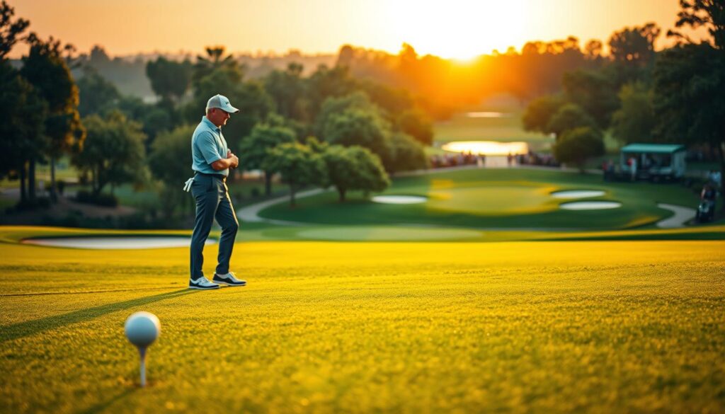 A serene golf course landscape showcasing a well-maintained hole with intricate sand traps and challenging water hazards. In the foreground, a golf tee and ball are poised for play, while a professional golfer in smart casual attire studies the hole's layout thoughtfully. The middle ground features the lush green fairway leading to an elegantly designed green surrounded by picturesque trees and spectator-friendly pathways. In the background, the sun sets, casting a warm golden light that emphasizes the textures of the grass and the glittering water. The atmosphere is one of calm determination, perfect for inspiring golfers to tackle iconic challenges on the course. The composition should capture a dynamic angle, ensuring depth and perspective, with a crisp focus, and soft bokeh effects in the background to enhance the mood.
